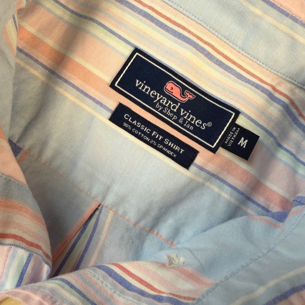 Vineyard Vines Shirt Mens Medium Blue Pink Striped Classic Fit S/S Logo EUC - Picture 3 of 11